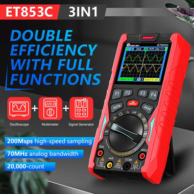 ET853C 3-in-1 2CH 70Mhz Oscilloscope Multimeter Signal Generator 3-In-1 200Msps Sampling Rate Bandwidth Dual Channel Color Screen Rechargeable Battery Auto Range Test Data Storage
