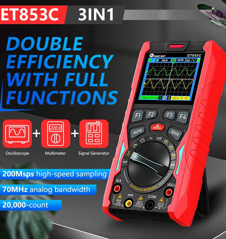 ET853C 3-in-1 2CH 70Mhz Oscilloscope Multimeter Signal Generator 3-In-1 200Msps Sampling Rate Bandwidth Dual Channel Color Screen Rechargeable Battery Auto Range Test Data Storage