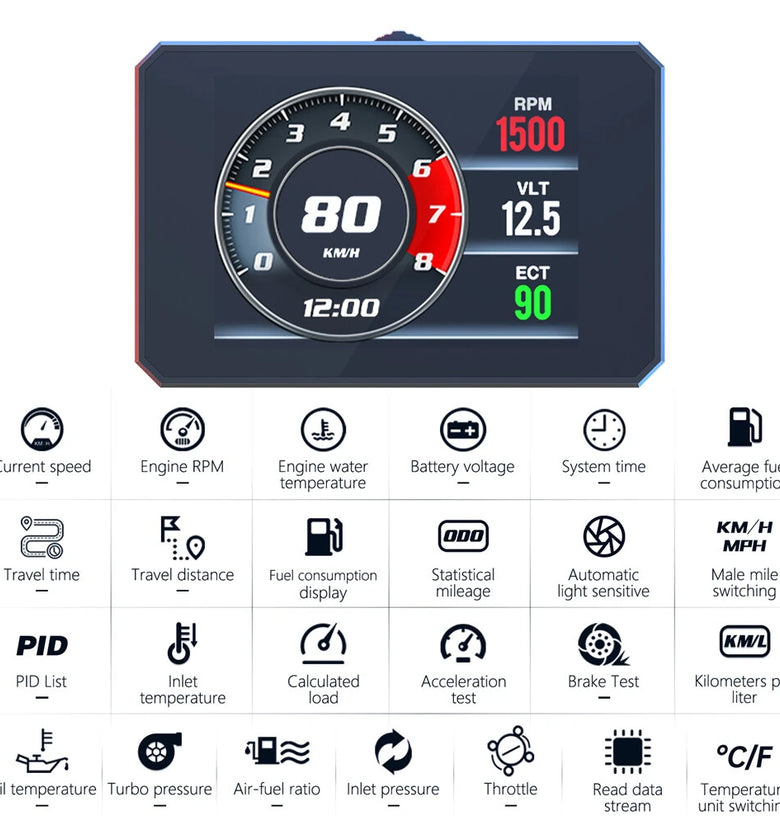 WEIYING P16 OBD2 HUD Head Up Display Digital Car Meter TFT LCD Multi Color Screen Speedometer ECT Water Oil Temperature Car Speed Gauge