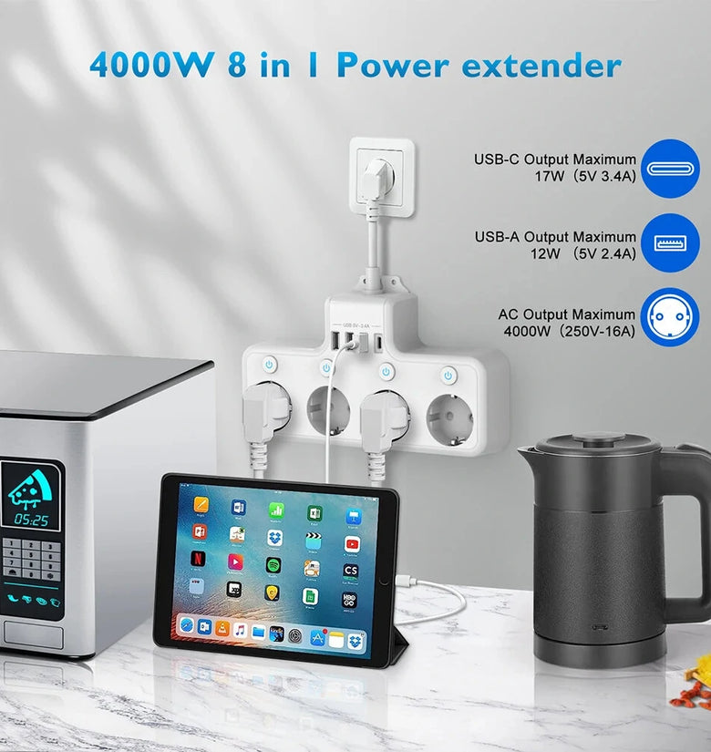 16A 4000W EU Plug Power Strip 4-Way USB Port Electrical Socket Power Strip Individually Switchable Home Adapter Surge-Protector