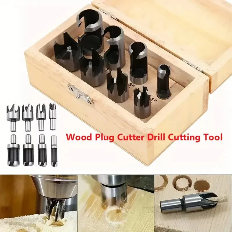 8 Pcs Carbon Steel Wood Plug Cutter Set Woodworking Drill Bits Round Shank Straight and Tapered Taper Cutting Tool