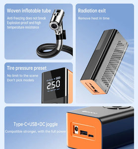80W Car Tire Inflator Portable Air Compressor 150 PSI Electric Tire Inflator Cordless Tire Pump with Digital LED Display Emergency Light
