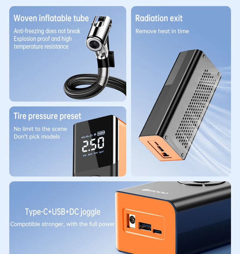 80W Car Tire Inflator Portable Air Compressor 150 PSI Electric Tire Inflator Cordless Tire Pump with Digital LED Display Emergency Light