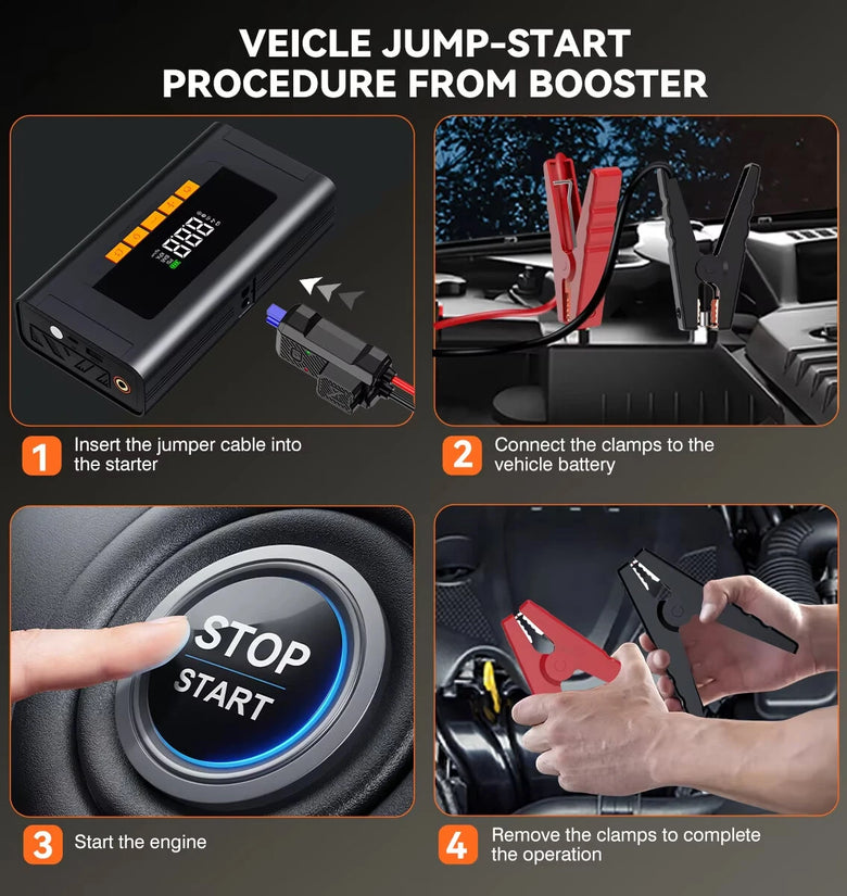 12V Jump Starter With Air Compressor 150PSI Portable Power Bank Tire Inflator Car Battery Booster Pack With 500 Lumens LED Light Smart Clamp