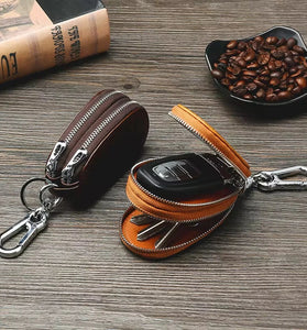 Ekphero Men Genuine Leather Mini Car Key Case Minimalist Zipper Key Holder Storage Bag for Men Double Layer Key Slot Bag with Key Chain