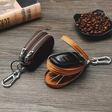 Ekphero Men Genuine Leather Mini Car Key Case Minimalist Zipper Key Holder Storage Bag for Men Double Layer Key Slot Bag with Key Chain