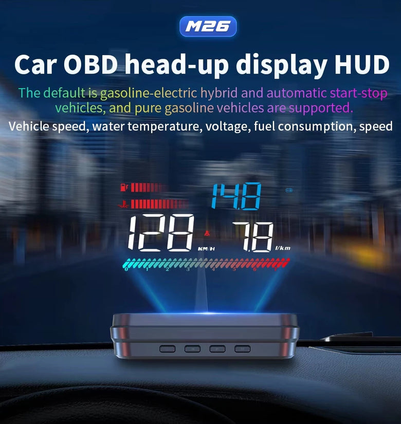 M26 Digital OBD HUD Car Head Up Display Speedometer Voltmeter RPM Water Temp Gauge With Alarm Electronic Car Accessories