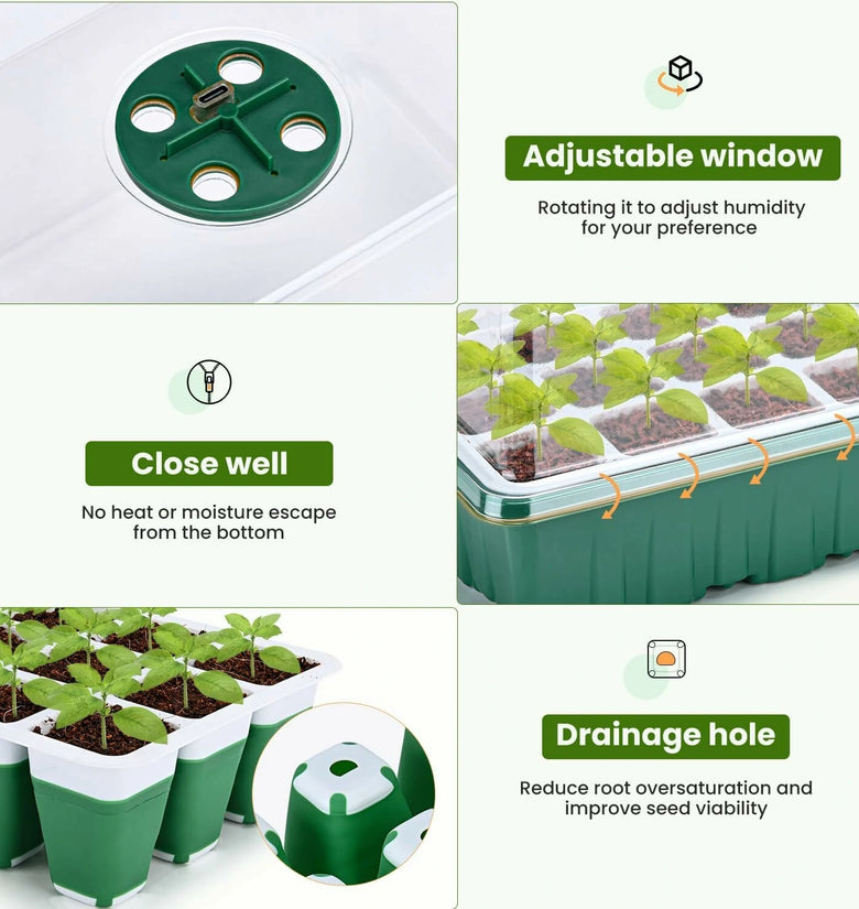 5 Packs Seed Starter Tray Kit with Enhanced Humidity Control System Reusable Silicone Trays 60 Dynamic Growth Cells 4 Spectrum Lights Effective Drainage Holes for Optimal Plant Growth