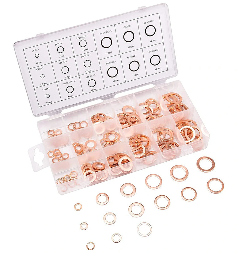 150PCS 15 Sizes Copper Metric Sealing Washers Assortment Set Flat Ring Sump Plug Oil Seal Gasket Sealing Washers Crush Washer Assortment M5/6/7/8/10/10.5/11/12/12.5/14/15/16/16.5/17.5