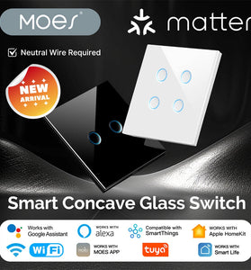 MOES Matter Protocol Tuya Smart Light Switch WiFi Concave Glass Panel Timing Function Voice Control with Alexa/Google/Apple Home/SmartThings Neutral Wire Needed