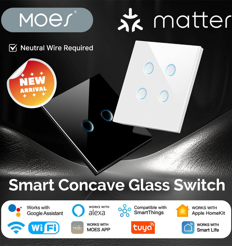 MOES Matter Protocol Tuya Smart Light Switch WiFi Concave Glass Panel Timing Function Voice Control with Alexa/Google/Apple Home/SmartThings Neutral Wire Needed