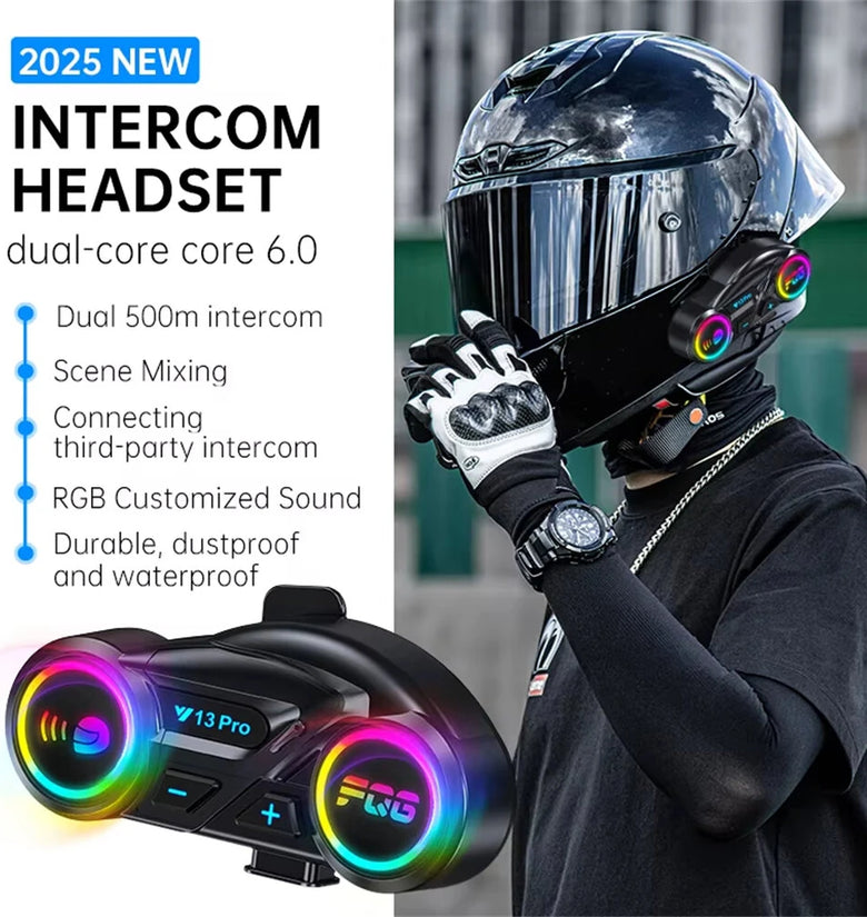 Y13Pro Motorcycle Helmet Bluetooth Headset Intercom Distance 500M Stereo Fm Radio Mixing Music Sharing