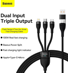 Baseus Flash Series II 100W USB-A/Type-C to Micro/iP/Type-C Cable PD QC Fast Charging Data Transmission Tinned Copper Core Line 1.2M Long for iPhone 15 14 13 for Samsung Galaxy S24 for Xiaomi Civi 4 Pro for Huawei Pura 7 Ultra