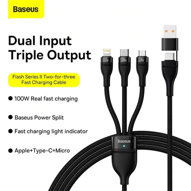 Baseus Flash Series II 100W USB-A/Type-C to Micro/iP/Type-C Cable PD QC Fast Charging Data Transmission Tinned Copper Core Line 1.2M Long for iPhone 15 14 13 for Samsung Galaxy S24 for Xiaomi Civi 4 Pro for Huawei Pura 7 Ultra