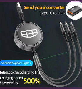 3-in-1 5A 100W USB-A to Micro/iP/Type-C Telescopic Cable Fast Charging Pure Copper Core Line 1.2M Long for iPhone 16 15 14 13 Pro Max for Huawei Mate XT for Xiaomi MIX Fold4 for Samsung Galaxy Z Flip6