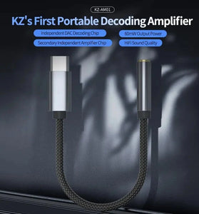 KZ AM01 Type-C to 3.5mm Audio Adapter 32bit/384kHz Hi-Fi DAC IC Amplifier Dual Chip Earphone Audio Cable