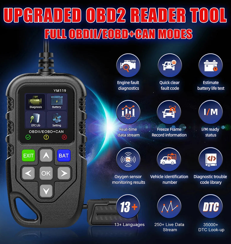 YM119 OBDII Scanner Diagnostic Tool OBD2 Code Reader 1.8-inch TFT Color Screen Car Automotive Diagnostic Tool