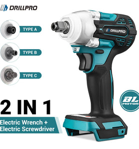 Drillpro 2 in 1 520N.m Brushless Cordless 1/2 inch Electric Impact Wrench Replacement for Mak 18V Battery