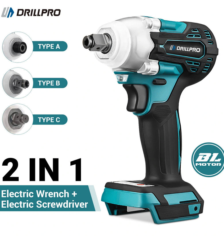 Drillpro 2 in 1 520N.m Brushless Cordless 1/2 inch Electric Impact Wrench Replacement for Mak 18V Battery