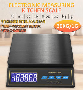 30kg 1g Digital Kitchen Scale LCD Display Rechargeable Food Weight Scale Waterproof High Precision Portable Cooking Scale Multi Unit Conversion