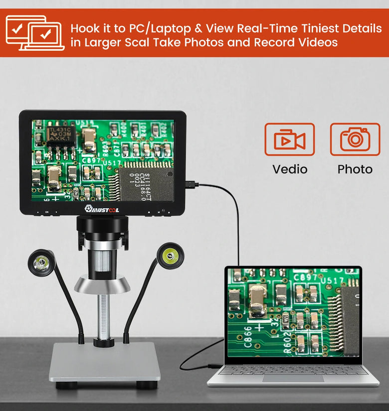 Mustool DM9 Digital Microscope 7-inch 1200X Magnifying w/Reflect cover High Resolution 1080FHD Video Adjustable LED Lights Manual Focus Remote Control Compatible with Windows and Ma OS