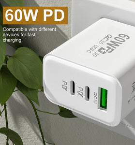 APD-60 60W 3-Port USB PD Charger Dual USB-C+USB-A PD QC3.0 Fast Charging Wall Charger Adapter EU Plug US Plug for iPhone 12 13 14 14Pro 14 Pro Max for Huawei Mate50 for Samsung Galaxy S23 for Redmi K60