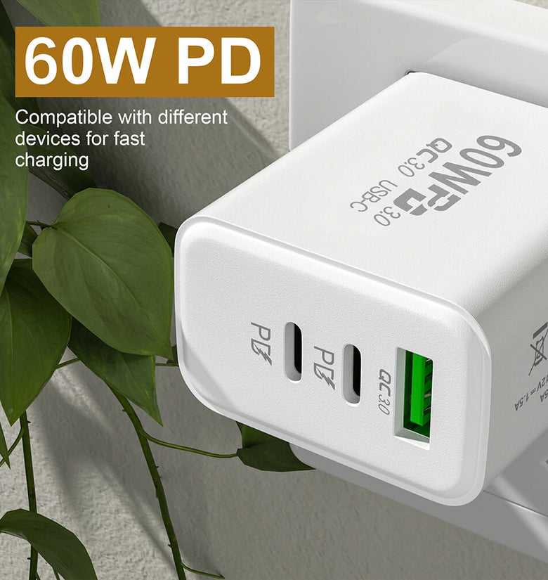 APD-60 60W 3-Port USB PD Charger Dual USB-C+USB-A PD QC3.0 Fast Charging Wall Charger Adapter EU Plug US Plug for iPhone 12 13 14 14Pro 14 Pro Max for Huawei Mate50 for Samsung Galaxy S23 for Redmi K60