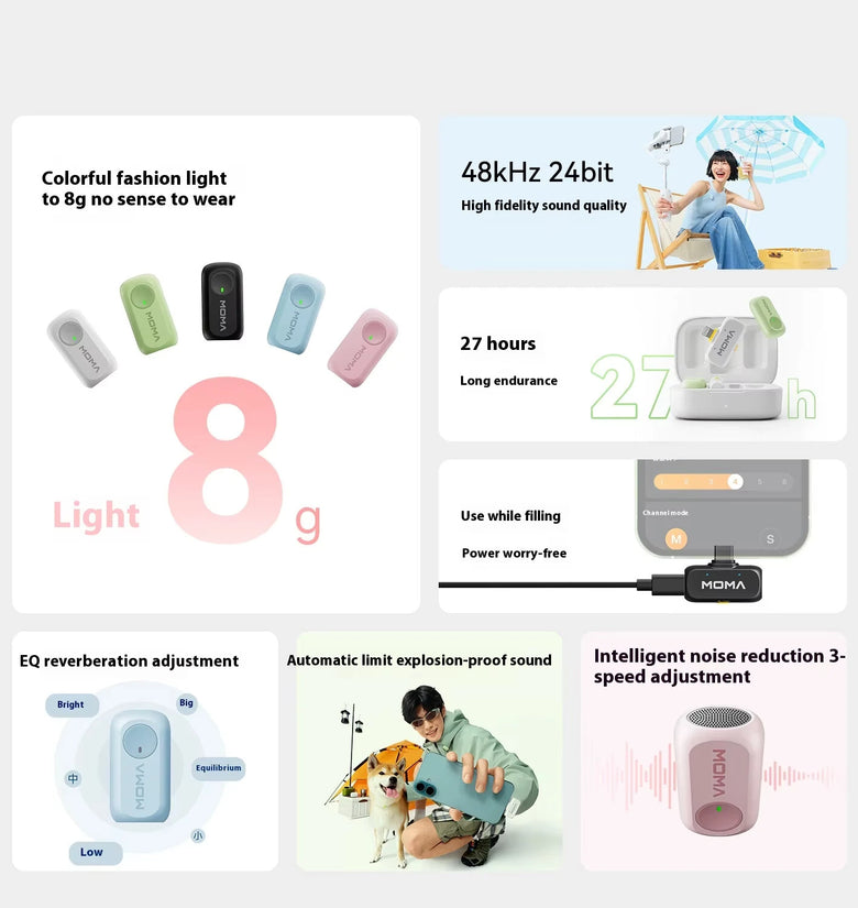 MOMA LARK A1 Wireless Lavalier Microphone 48kHz/24bit HD Noise Reduction 200m Transmission 3-Level Adjustable EQ 27H Battery Live Streaming Mic