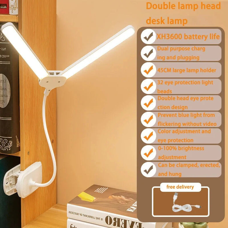 Dual Head LED Desk Lamp Clip On Lamp,Flexible Gooseneck Table Lamp 3600mAh USB Charging Clamp Lamp Touch Dimming