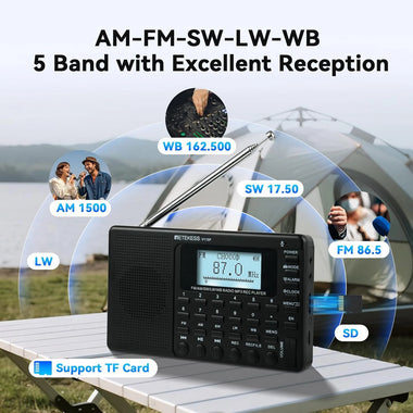 Retekess V115P Portable Shortwave Radio AM FM SW LW WB Rechargeable Digital Tuner 1800mAh Battery Wireless Connection TF Card Recording Flashlight Sleep Timer Alarm Clock