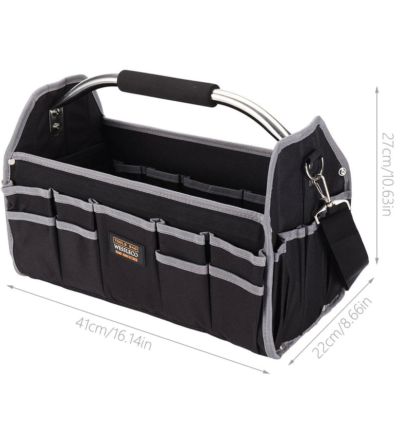 Multi Functional Tool Bag Heavy Duty 40x27x22cm 20kg Capacity Black Organizer with Stainless Steel Handle Adjustable Shoulder Strap and Multiple Tool Pockets