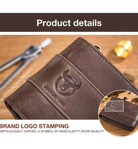 BULLCAPTAIN Genuine Leather Zipper Men Wallets Multi Card Slot ID Card Mini Holder Bags Bussiness Casual Coin Purse