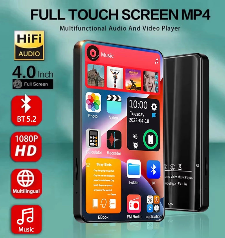 4-inch Touch Screen MP3 Player bluetooth Hi-Fi Sound Built-in 16GB Memory 24H Playback FM Radio Recording Ebook 1000mAh Battery Portable Music Player Lossless Music