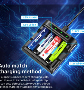 XTAR L4 AAA AA Battery Charger 4 Slots Intelligent LED Indicator Fast Charging USB Flashlight Charger for 1.5V Li-ion / 1.2V lithium NiMH Batteries