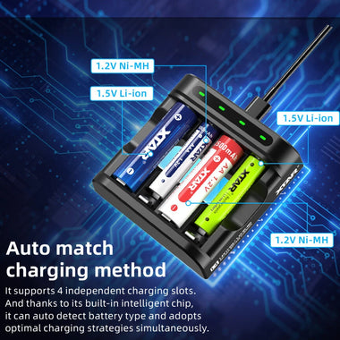 XTAR L4 AAA AA Battery Charger 4 Slots Intelligent LED Indicator Fast Charging USB Flashlight Charger for 1.5V Li-ion / 1.2V lithium NiMH Batteries