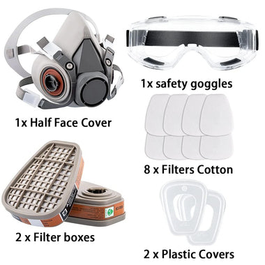 Reusable Half Face Cover Gas Mask with Safety Glasses Double Filtration for Chemical Organic Vapor Welding Woodworking Protection