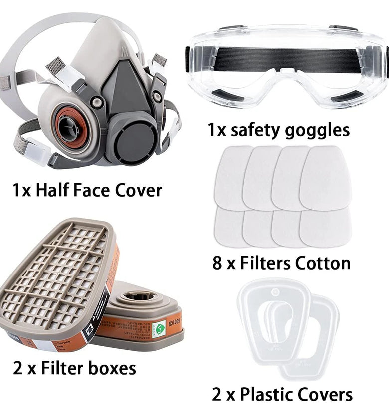 Reusable Half Face Cover Gas Mask with Safety Glasses Double Filtration for Chemical Organic Vapor Welding Woodworking Protection