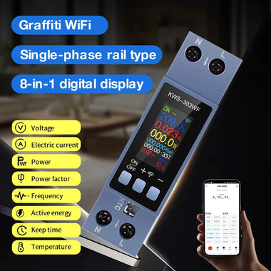 KEWEISI 8-in-1 Energy Meter Voltage Current Power Monitoring TFT Screen WiFi Remote Control Din Rail Installation Overvoltage Undervoltage Protection
