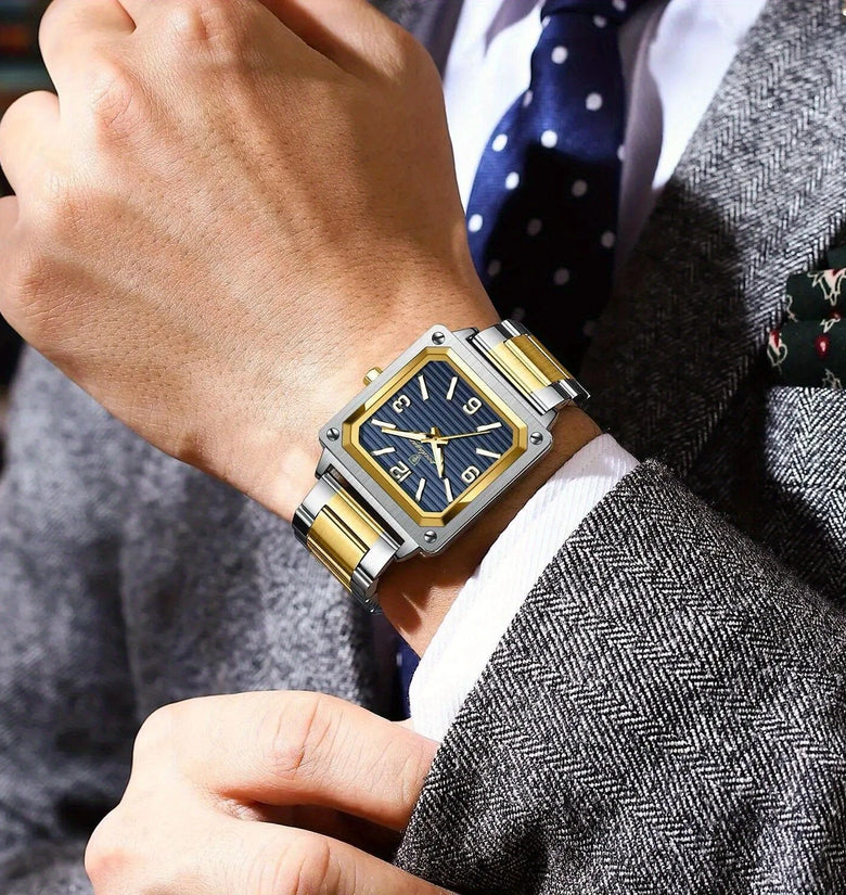 POEDAGAR Luxury Fashion Men's Square Business Quartz Watch Waterproof Luminous Stainless Steel Strap Men Watches