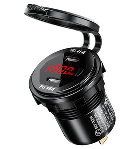 12-24V 90W Metal Car Charger Socket Dual 45W USB C Type C PD with ON/OFF Switch Voltage/Power Display for SUV Motorcycle Truck Boat Bus RV ATV