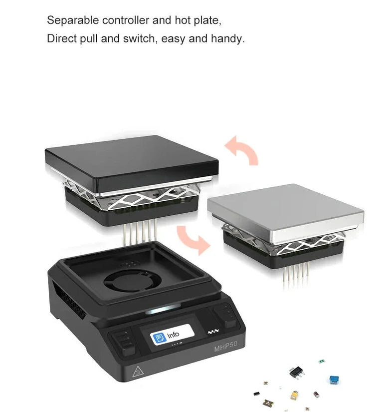 MHP50-A5/B5 for MINI WARE Mini Hot Plate Preheater 5050mm 100-350C DC 19-24V/PD 20V Up To 150W Color LCD Heating Curve Pocket Size Soldering Station