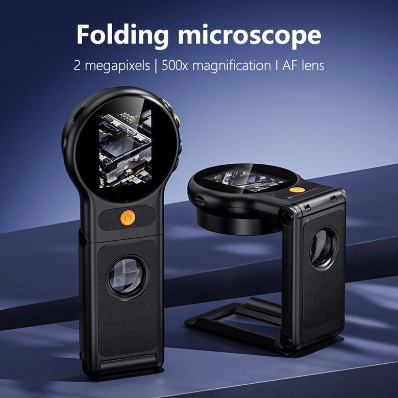 Handheld Digital Microscope 500X Magnification Foldable 2MP Camera 2 Inch IPS Screen 8 LED Adjustable Light Type-C Port Rechargeable Battery Support PC Computer transfer
