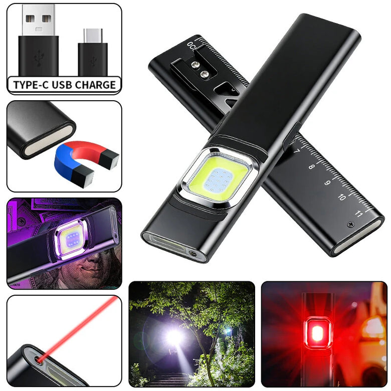 Bikight X505 EDC Rechargeable Laser Flashlight UV COB Work Light Magnetic Base Type-C 450mAh Pocket Waterproof LED Pen Light with Integrated Ruler