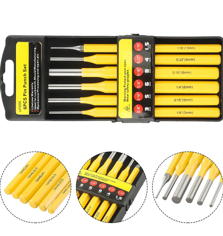 6PCS Roll Pin Punch Set Fast Pin Removal Drive Pins In or Out 1/8 3/16 1/4 5/16 5/32 1/16 Inch for Hunting Woodworking Pistol