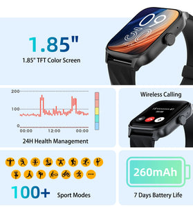 Weofly Active 1.85inch HD Screen bluetooth Call Heart Rate Blood Pressure Blood Oxygen Monitor Sleep Monitoring Body Temperature Detection Breath Training Multi-sport Modes Music Playback IP67 Waterproof Smart Watch