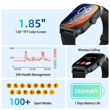 Weofly Active 1.85inch HD Screen bluetooth Call Heart Rate Blood Pressure Blood Oxygen Monitor Sleep Monitoring Body Temperature Detection Breath Training Multi-sport Modes Music Playback IP67 Waterproof Smart Watch