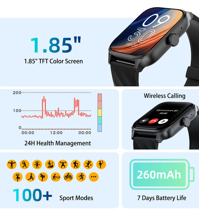 Weofly Active 1.85inch HD Screen bluetooth Call Heart Rate Blood Pressure Blood Oxygen Monitor Sleep Monitoring Body Temperature Detection Breath Training Multi-sport Modes Music Playback IP67 Waterproof Smart Watch