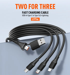 LDNIO LC97uc 100W USB-A/Type-C to Type-Cx2/iP Cable PD QC3.0 Fast Charging Data Transmission Copper Core Line 1.2M Long for iPhone 16 15 14 Pro Max for Huawei Mate XT for Samsung Galaxy Z Flip6