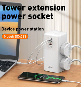 LDNIO 7 in 1 2500W Tower Extension Power Socket 70W Charging Station USB Power Strip with 4 Outlets and 2USB-C+USB-A Port Extension Cord
