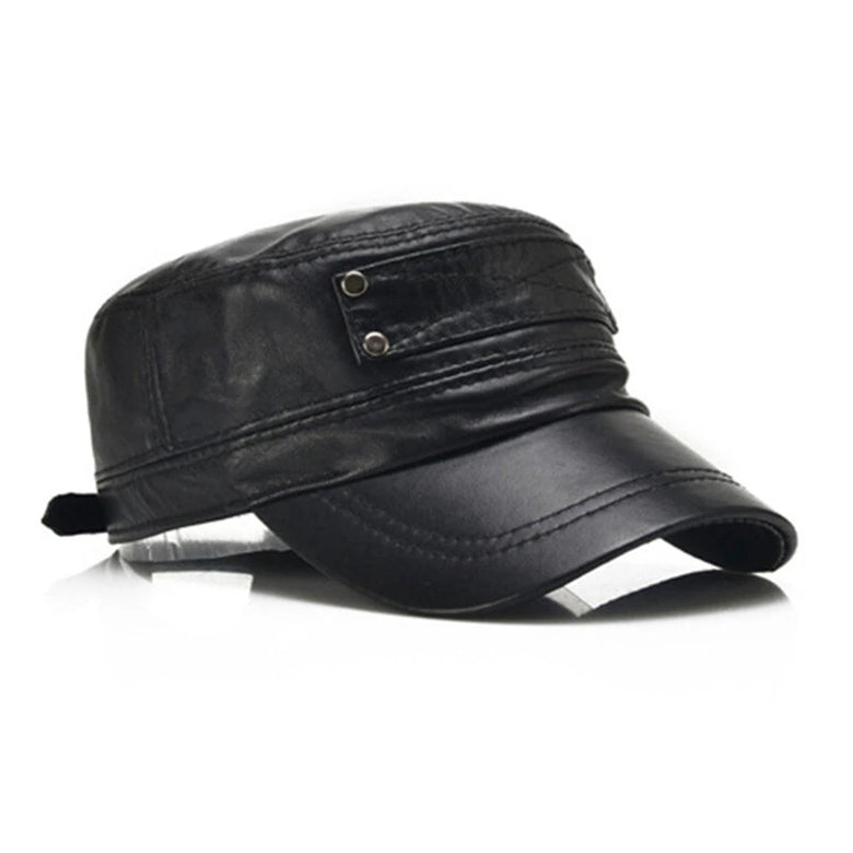 Collrown Genuine Sheepskin Leather Cap Men's Flat Cap Adjustable Outdoor Casual Black Caps for Spring Fall